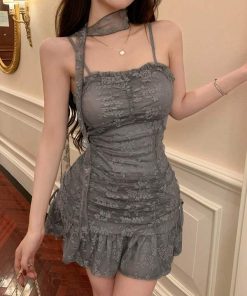 Elegant Allure Grey Lace Halter Mini Dress