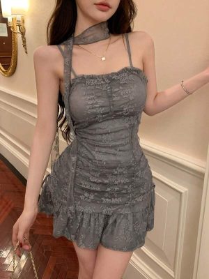 Elegant Allure Grey Lace Halter Mini Dress