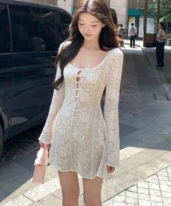 Graceful Blossom Long Sleeve Lace Mini Dress
